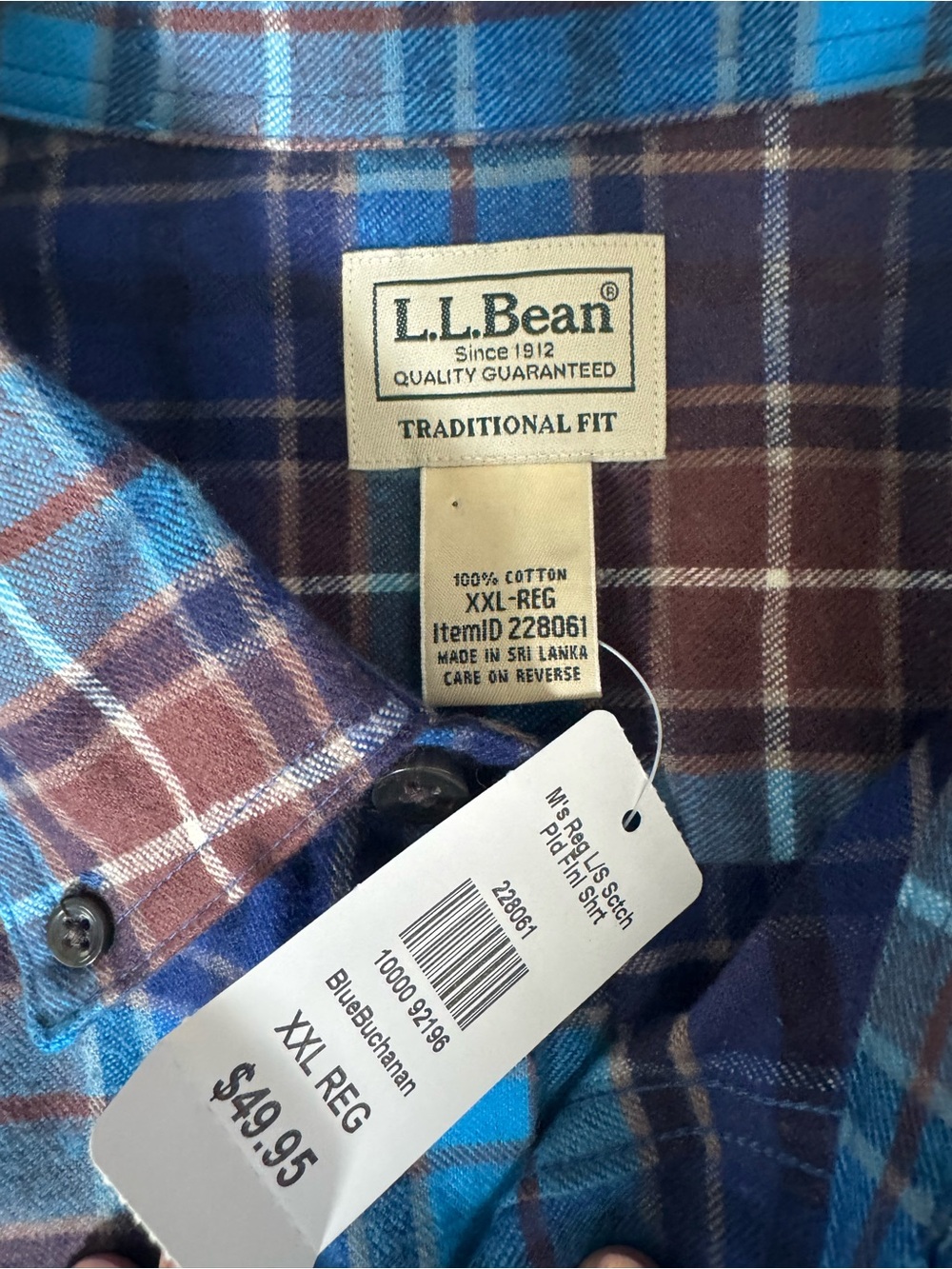 L.L.Bean Plaid Flannel Shirt XXL Blue Burgundy Cotton Button Down Hiking Y78 - Picture 6 of 7